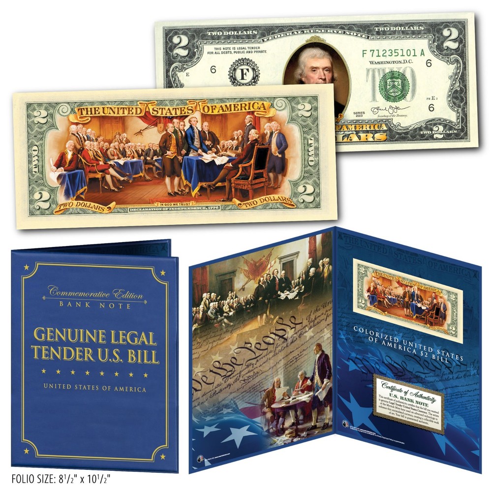 Declaration of Independence 2-Sided Genuine U.S. $2 Bill in Large Folio Display