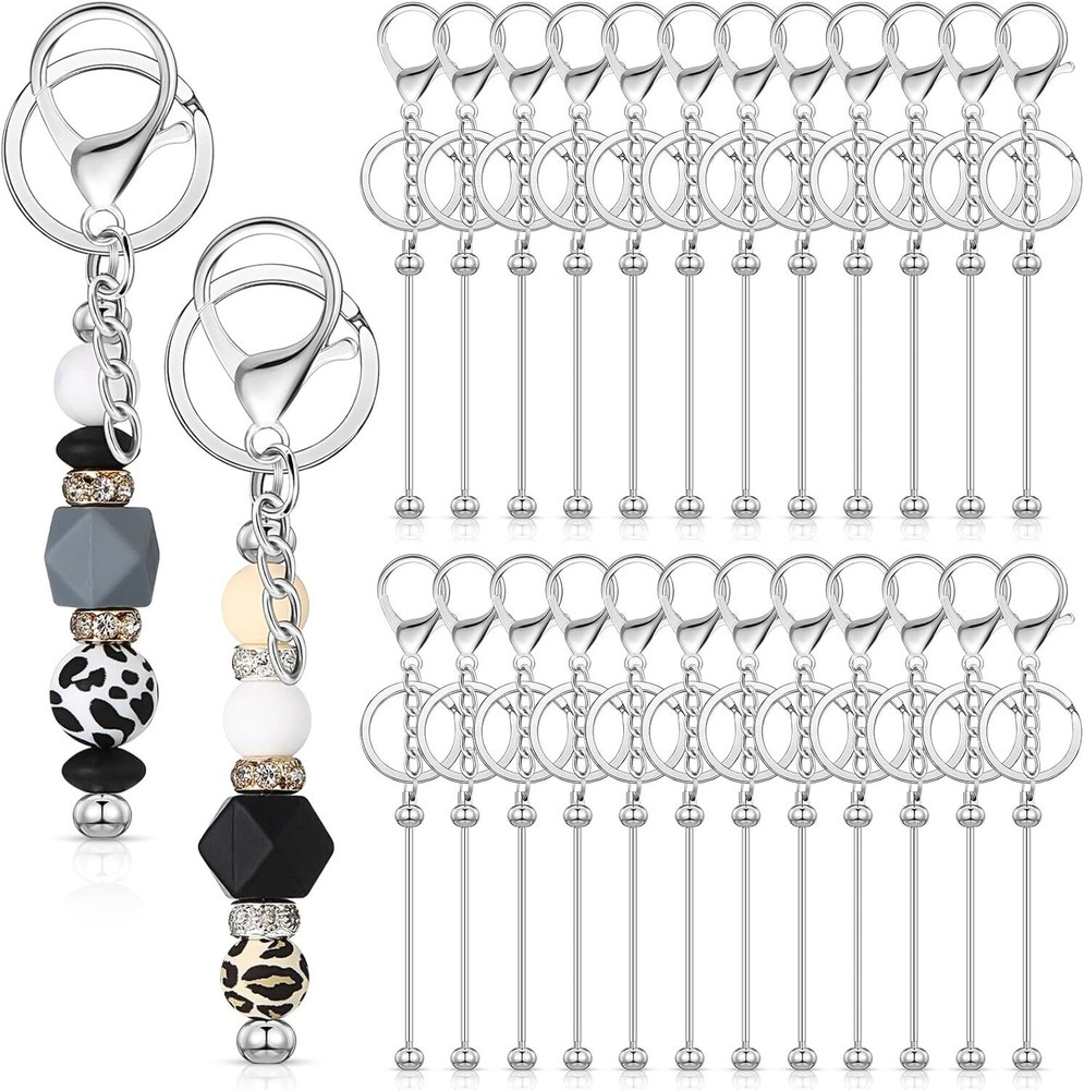 24 Pcs Beadable Keychain Bars Bulk for Beads DIY Blank Metal Silver