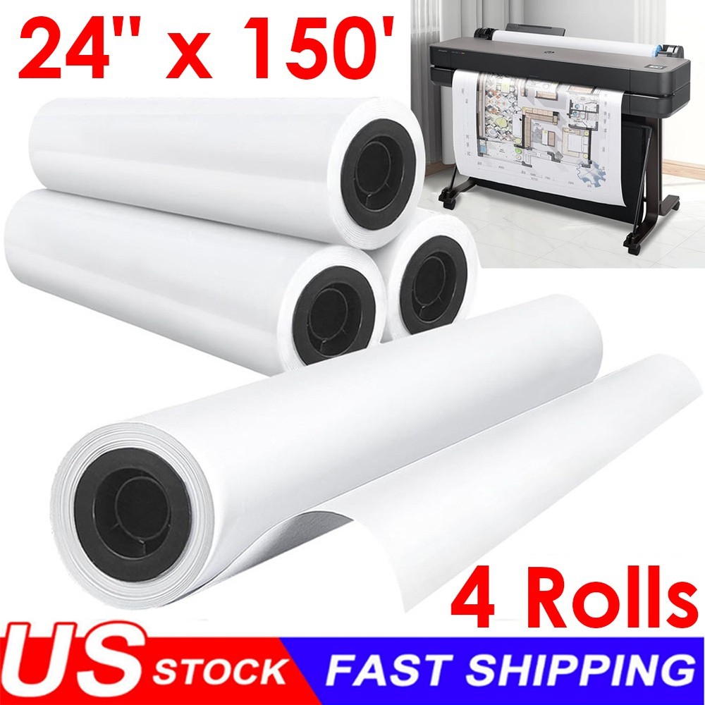 4 Rolls 24 in x 150 ft CAD Bond Plotter Paper Wide Format Paper Roll 2" Core