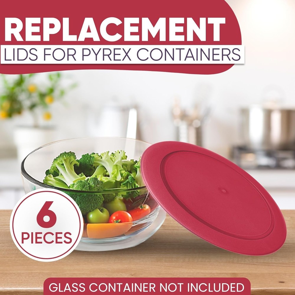 Replacement Lids for Pyrex Glass Containers 2-Cup, 4-Cup, 7 Cup Round- 6pcs Red