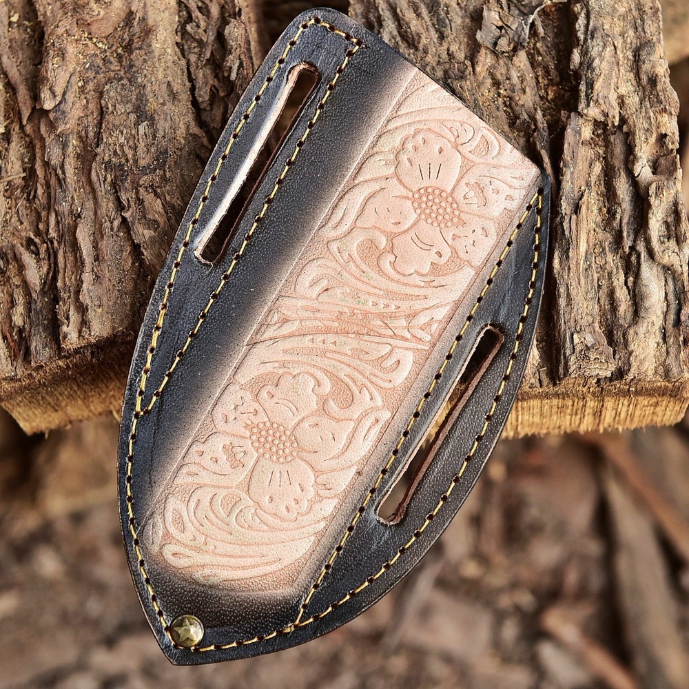 Custom Made LEATHER ENGRAVED PANCAKE Fixed Blade Knife Sheath Folding Knife