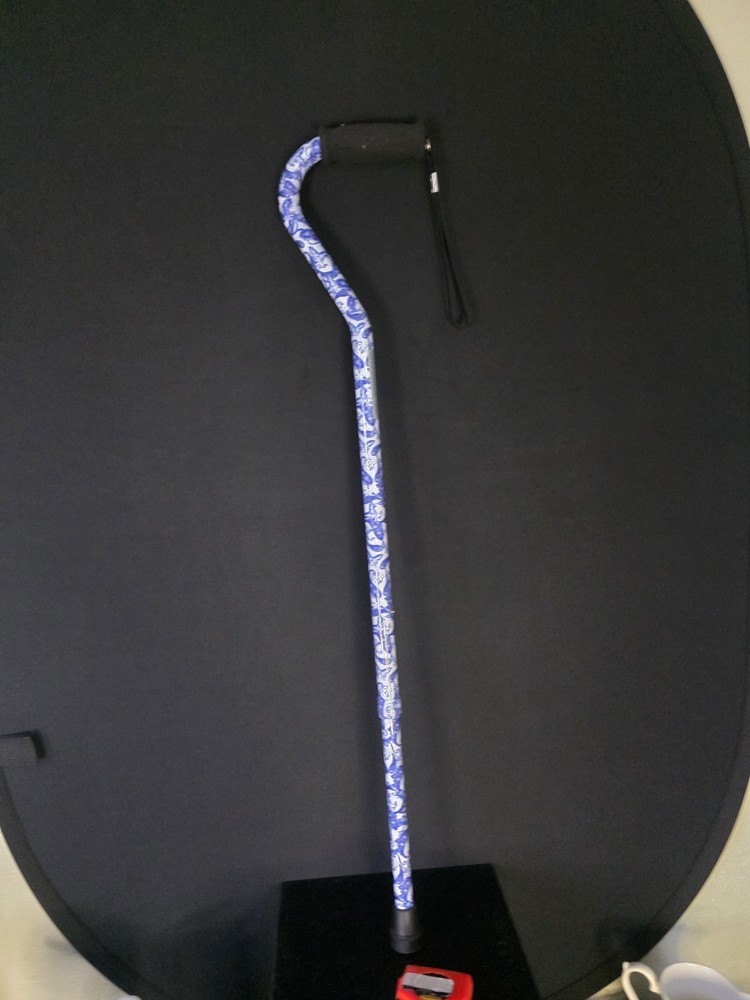 NOVA Adjustable Offset Cane Blue Porcelain Floral Pattern 300lb Capacity w Strap