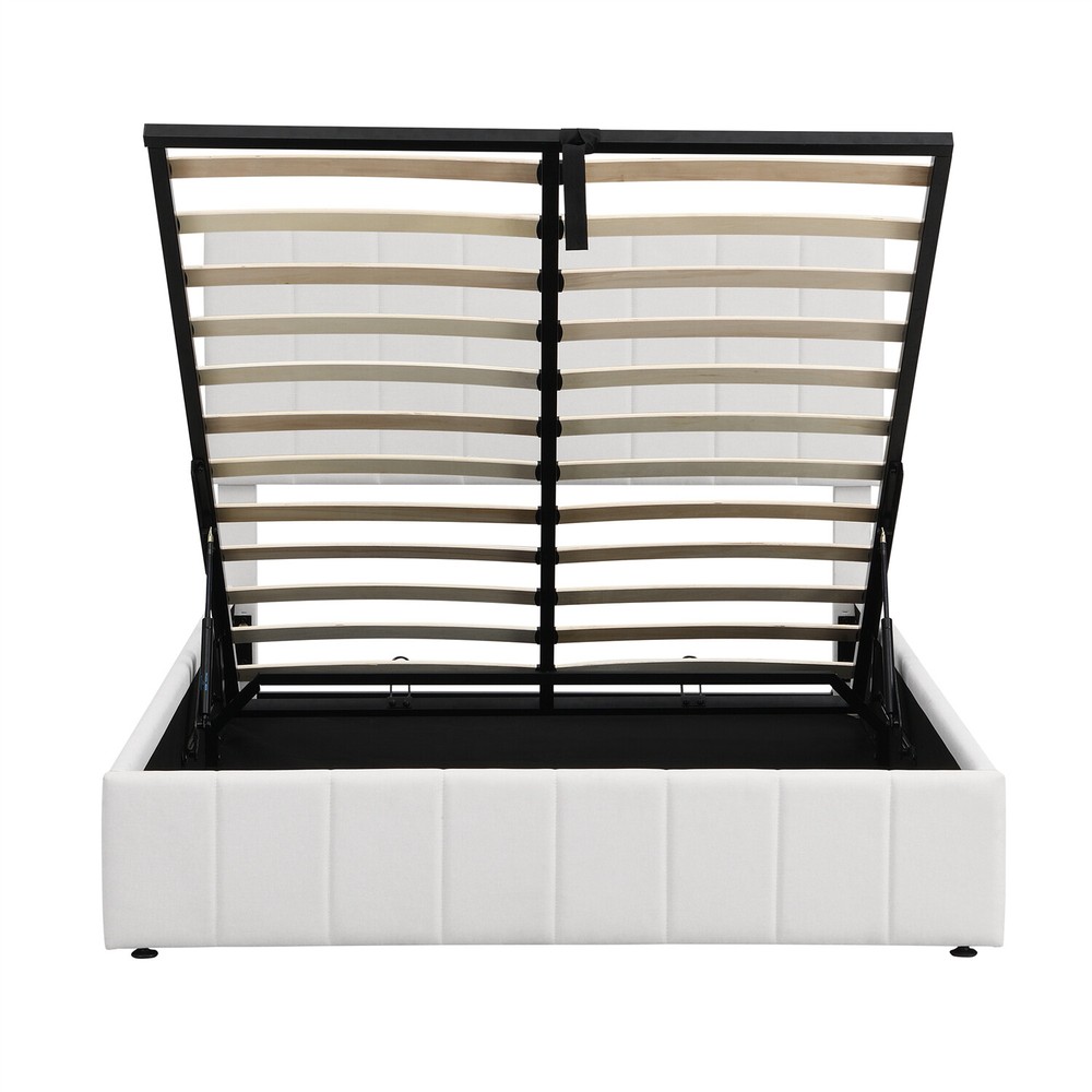 Full Size Upholstered Platform Bed Frame with Hydraulic Storage System White New