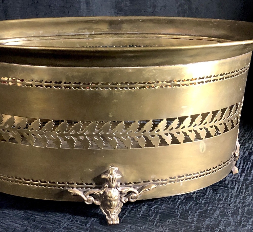 Solid Brass Planter Antiqued Brass Cherub Footed Container Pierced Sides *