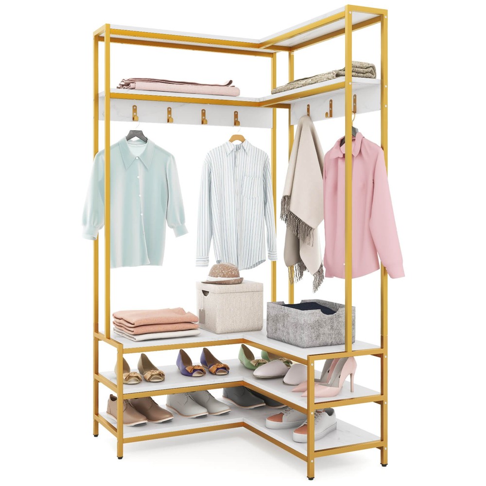 Corner Garment Rack w/ Open Shelves & 7 Hooks Shoe Bench Solid Metal Frame