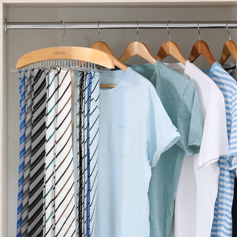 Elegant Wood Tie Rack with 24 Rustproof Hooks - Space-Saving Closet Organizer