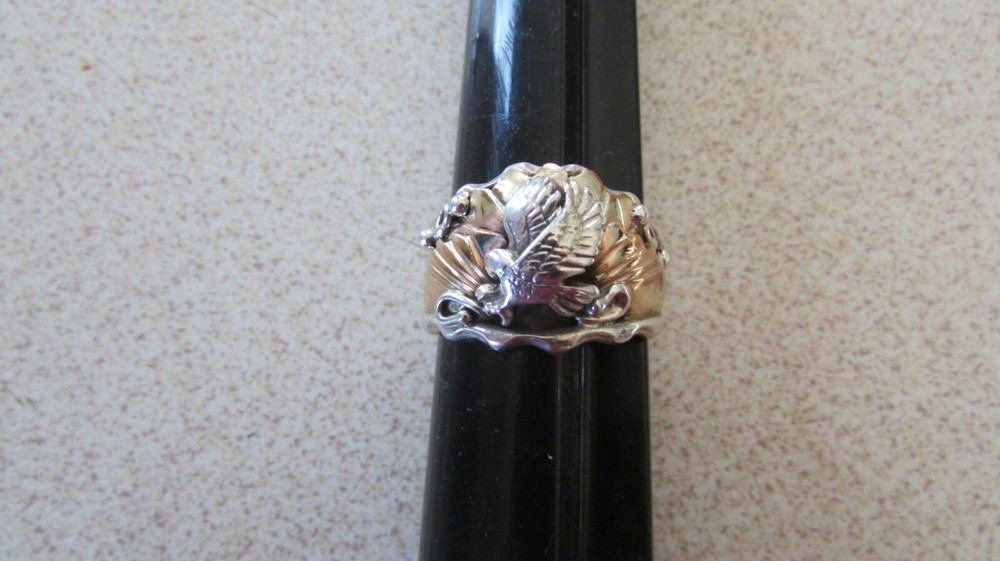 NEW EAGLE GOLD OVERLAY W/S.S. EAGLE RING/BAND RAISED & EAGLE SEE SIZES BELOW