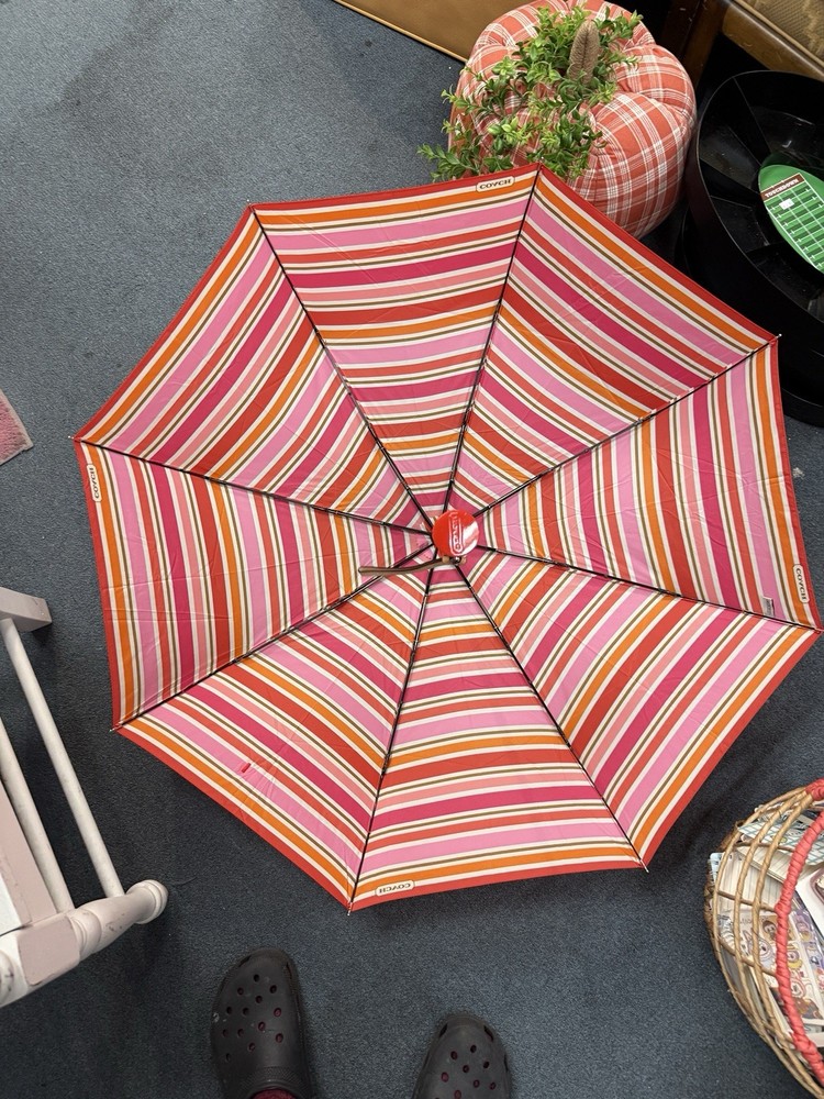COACH Pink Multicolor Stripe PEYTON Automatic Retractable Umbrella