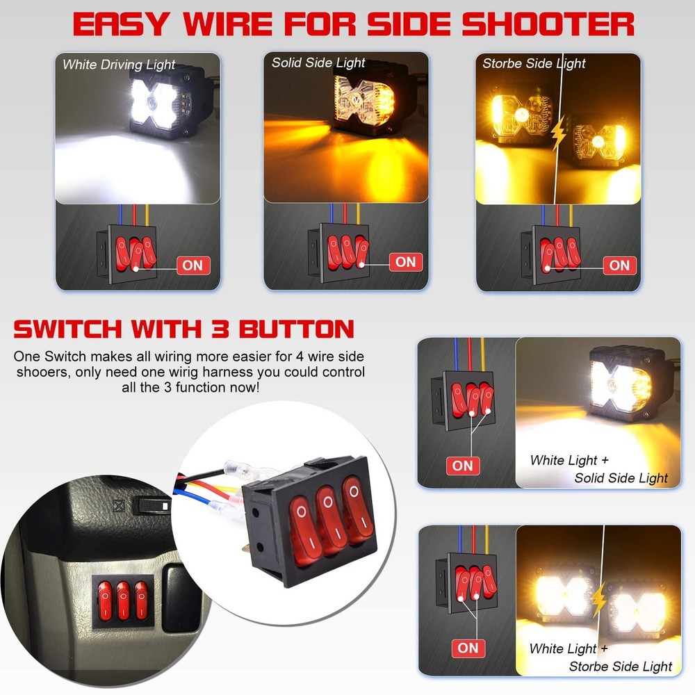 12V 4 Wire LED Side Shooter Pods Wiring Harness Kit with 3 On/Off Switches fo...