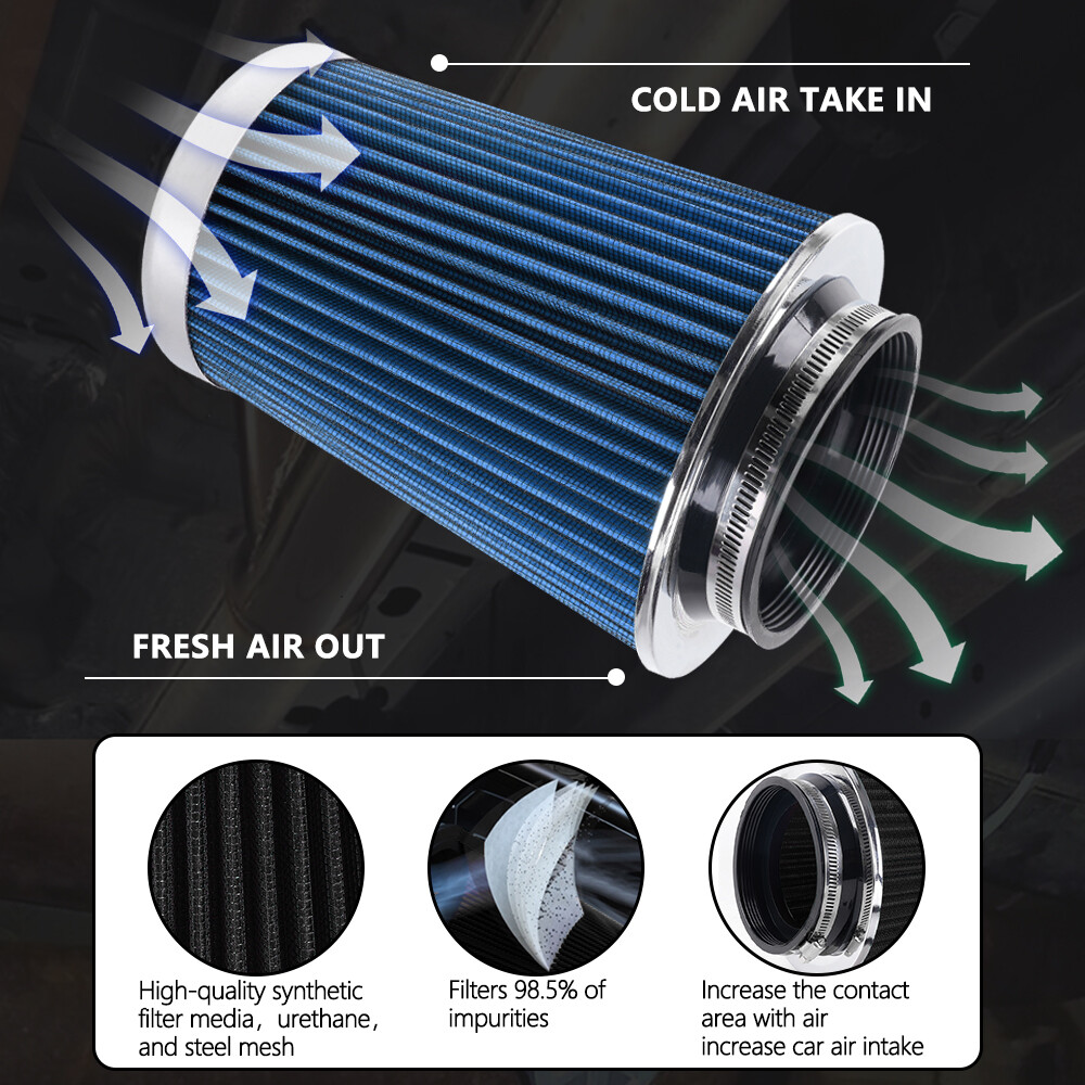 3", 3.5", 4" Inlet Long Performance High Flow Cold Air Intake Cone Dry Filter