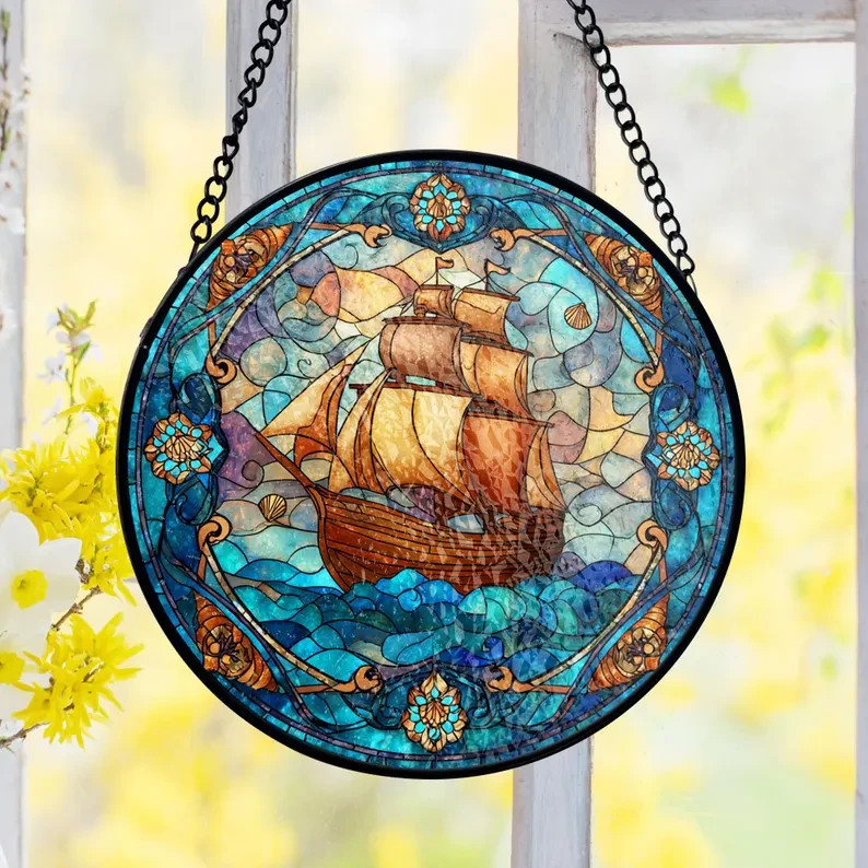Personalized Sailing Ship Stained Glass Suncatcher, Decor Gift