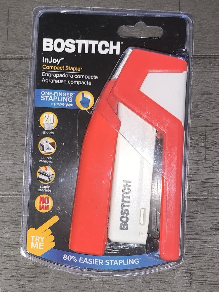 B2 Bostitch Injoy Spring-Powered Compact Stapler, 20-Sheet Capacity Red Standard