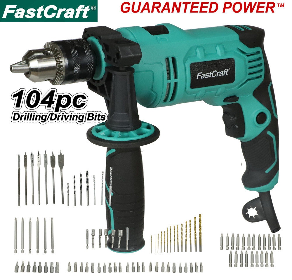 Hammer Drill + 104pc Bits FastCraft Impact Drill Driver 9A PEAK GUARANTEED POWER