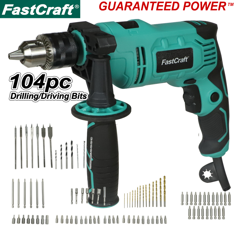 Hammer Drill + 104pc Bits FastCraft Impact Drill Driver 9A PEAK GUARANTEED POWER