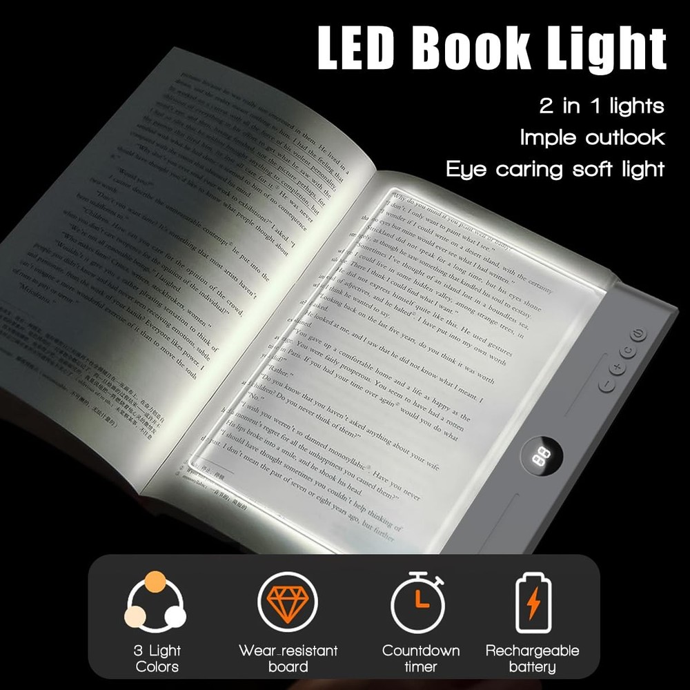Flat Book Light With 3 Colors Timer Dimmable Full Page Reading Lamp