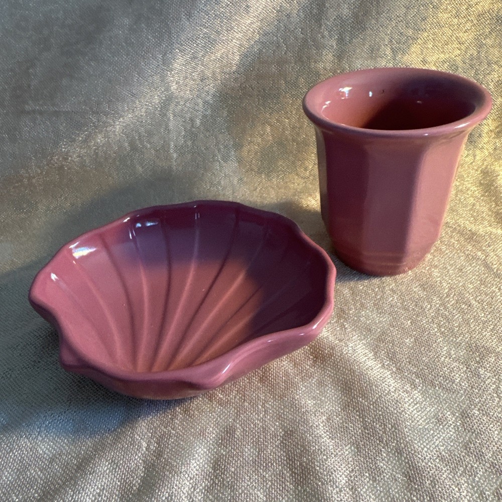 Retro 80's Style Pfaltzgraff Deep Mauve Shell Soap Dish & Cup Bathroom Set