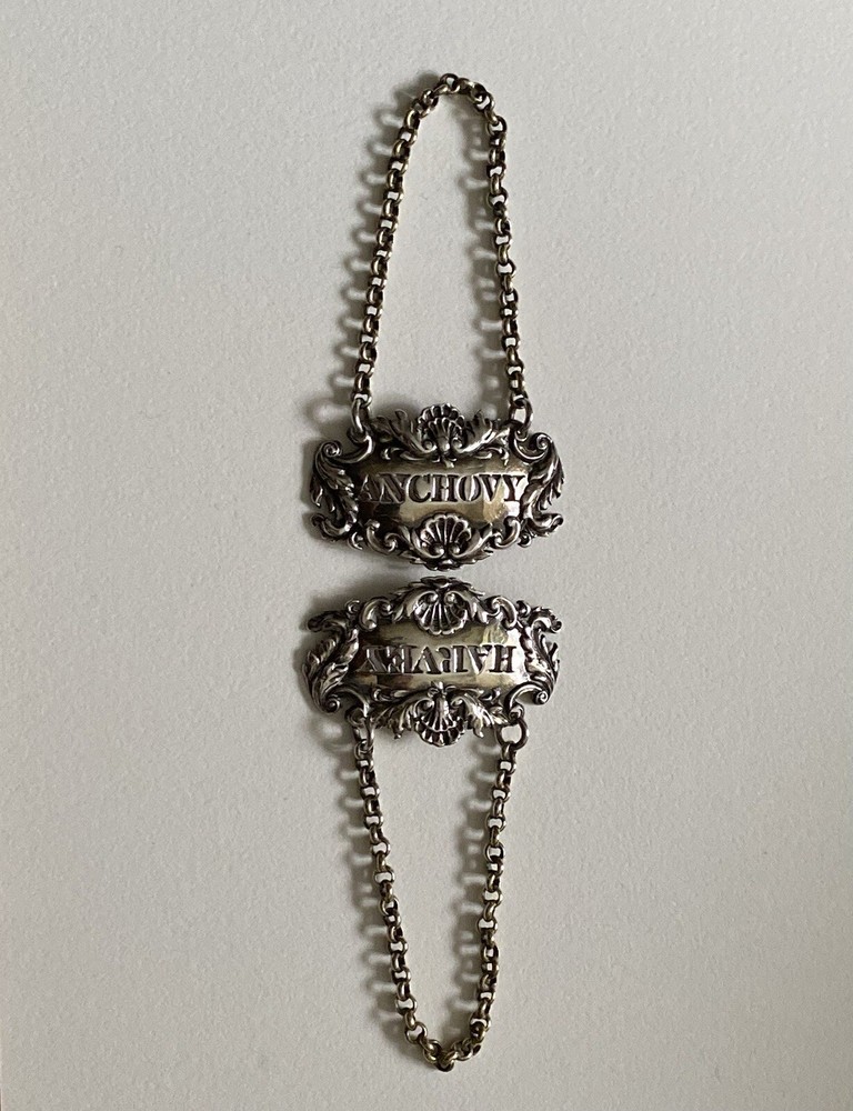 Antique SILVER BOTTLE LABLES - Pair, Harvey & Anchovy, Solid Silver (5I12)