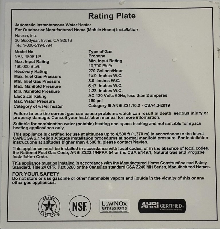 NAVIEN NPN-180E-LP PREMIUM NON-CONDENSING TANKLESS GAS WATER HEATER