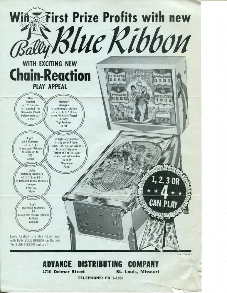 Blue Ribbon Bally Pinball Bally Flyer / Brochure / Ad