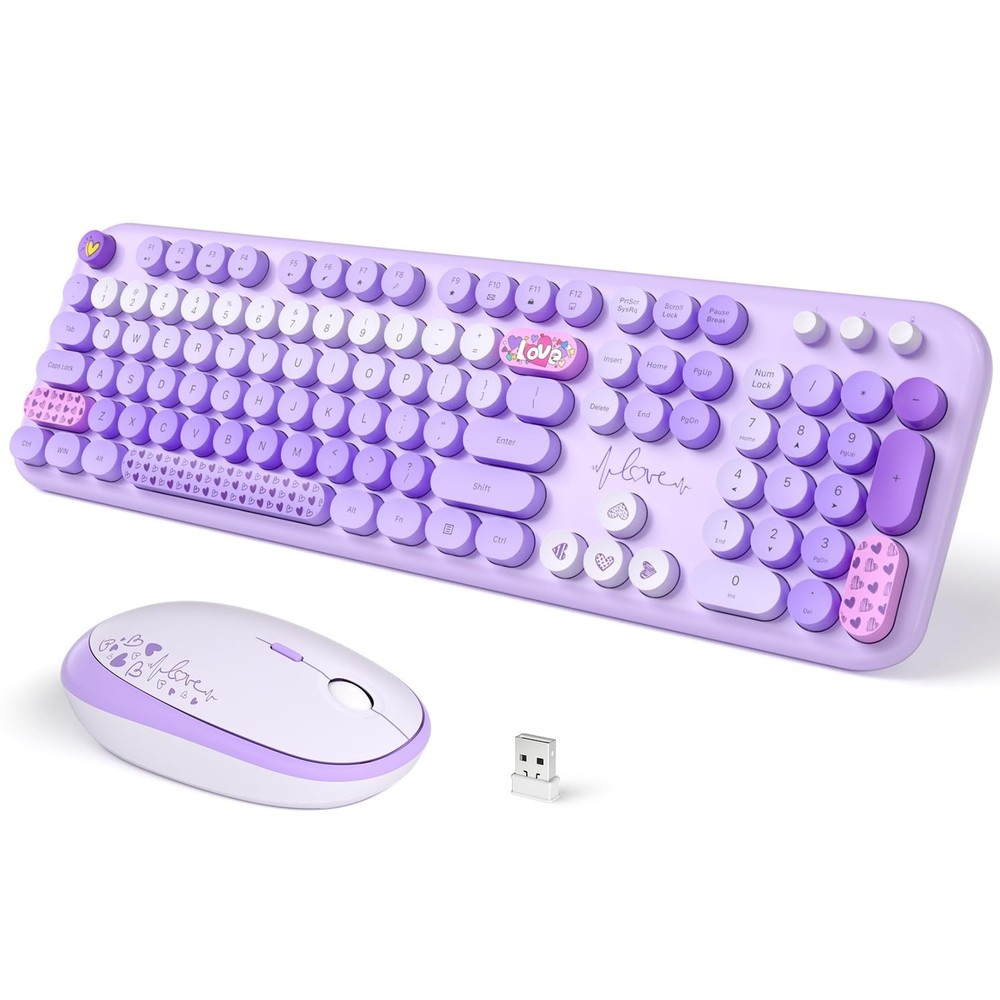 Wireless Keyboard and Mouse, SQMD Colorful Typewriter Retro Keyboard with Rou...