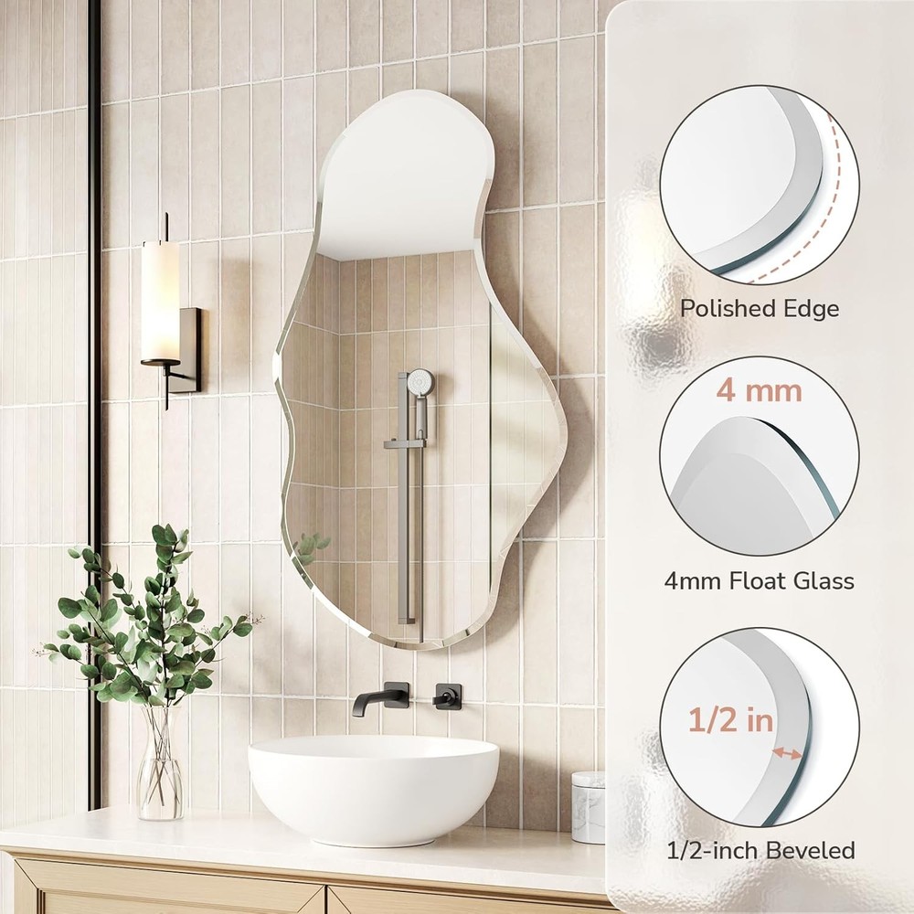 USHOWER 26x46 Irregular Wall Mirror Frameless Wavy Beveled Decorative Mirror