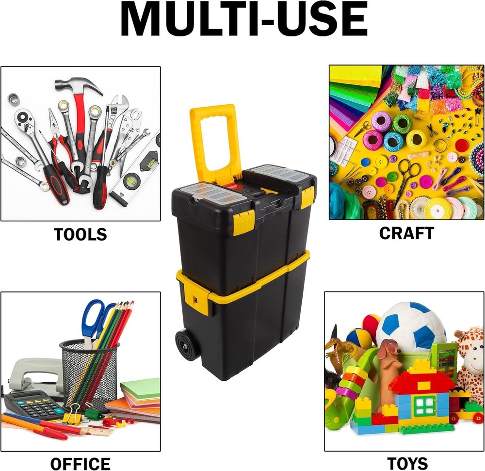 2-in-1 Portable Tool Box with Wheels Stackable Tool Chest Removable Tray