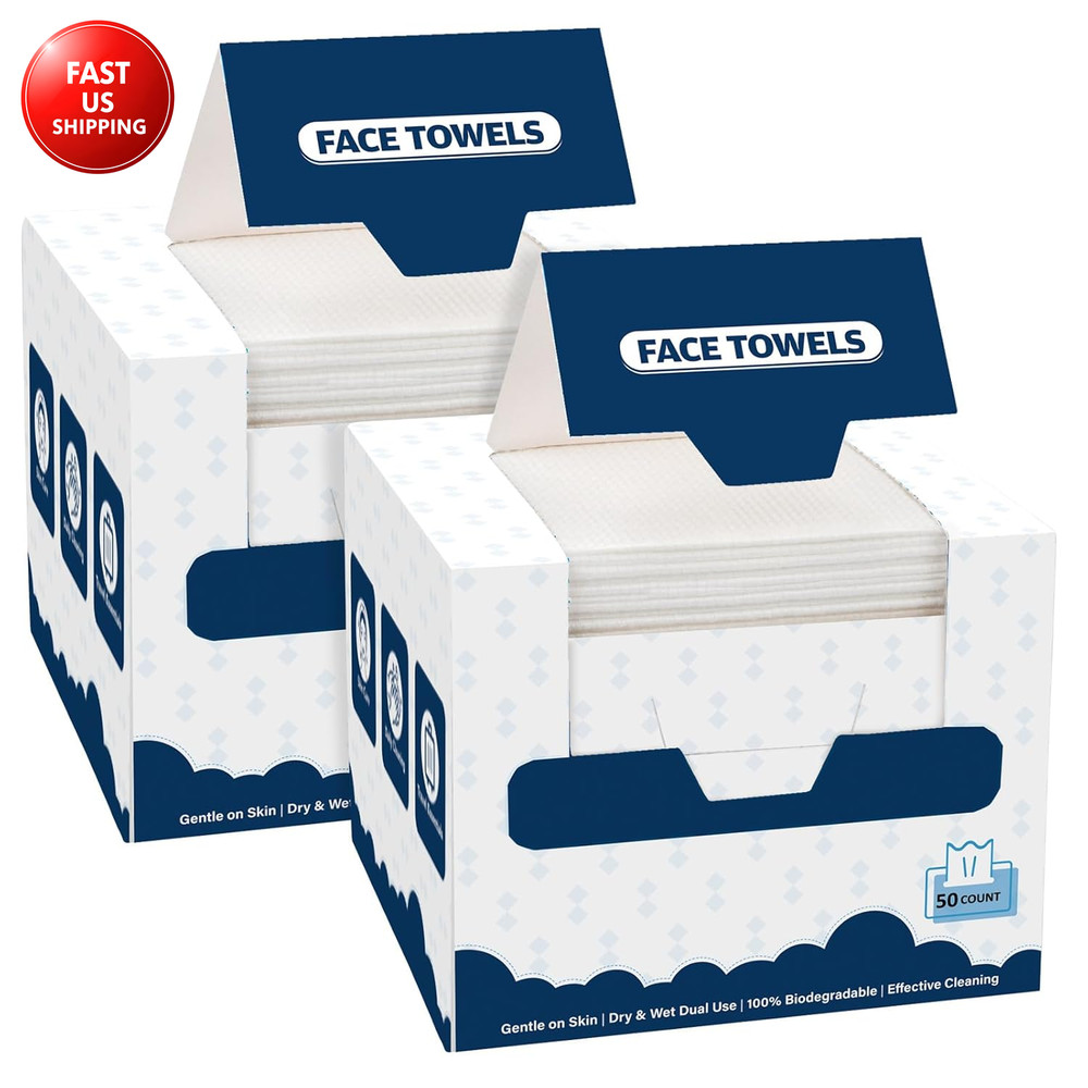 Face Towels, 100 Count (2 Box) Disposable Face Towelettes, Biodegradable Makeup