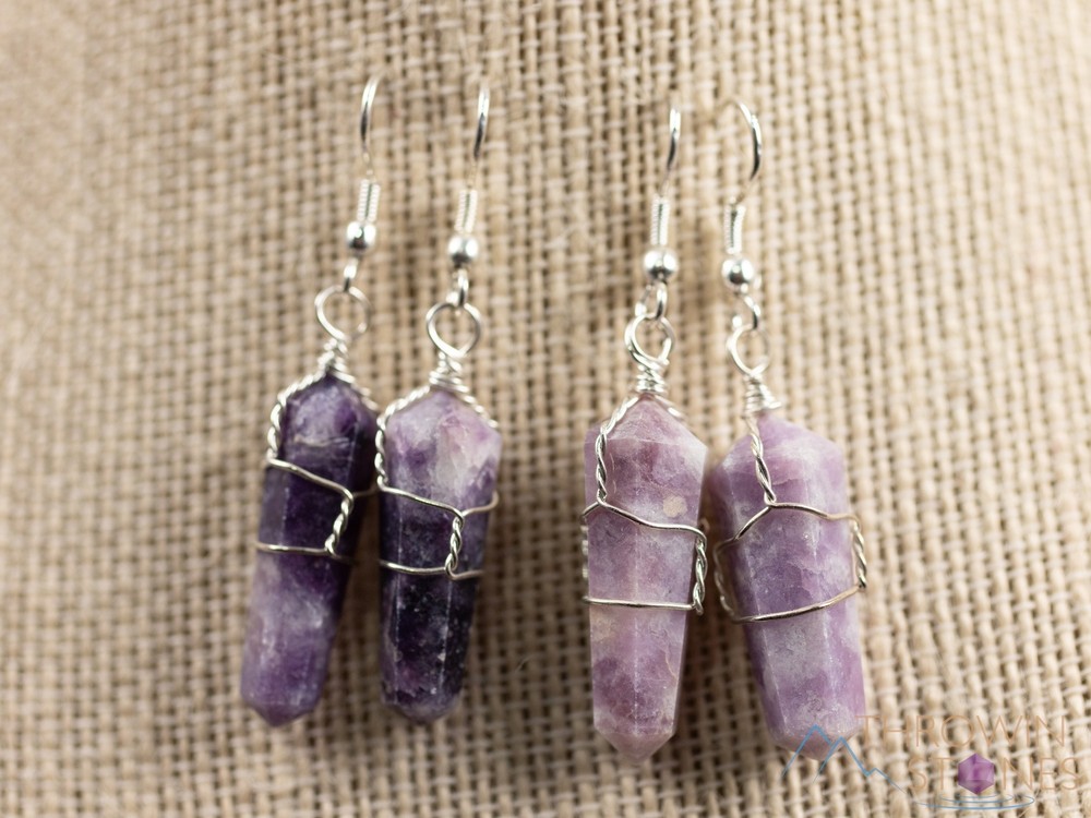 LEPIDOLITE Crystal Point Wire Wrapped Dangle Drop Earrings Jewelry Gift, E0550