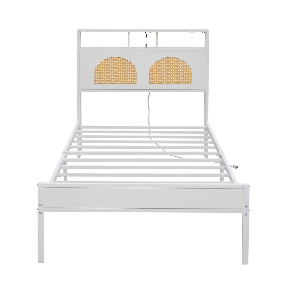 Twin Size Wood Platform Bed Frame w/ Headboard & LED Light Strips & USB Ports