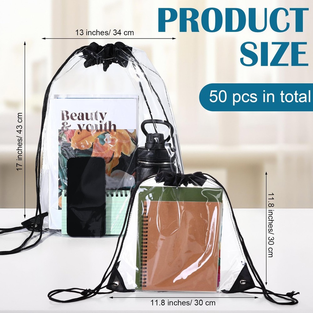 Silkfly 50 Pcs Clear Drawstring Backpacks Bulk Stadium One Size,