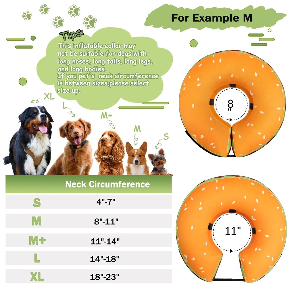 Inflatable Dog Cone Collar for Large Medium Small M（Neck 8"-11"）, Hamburger