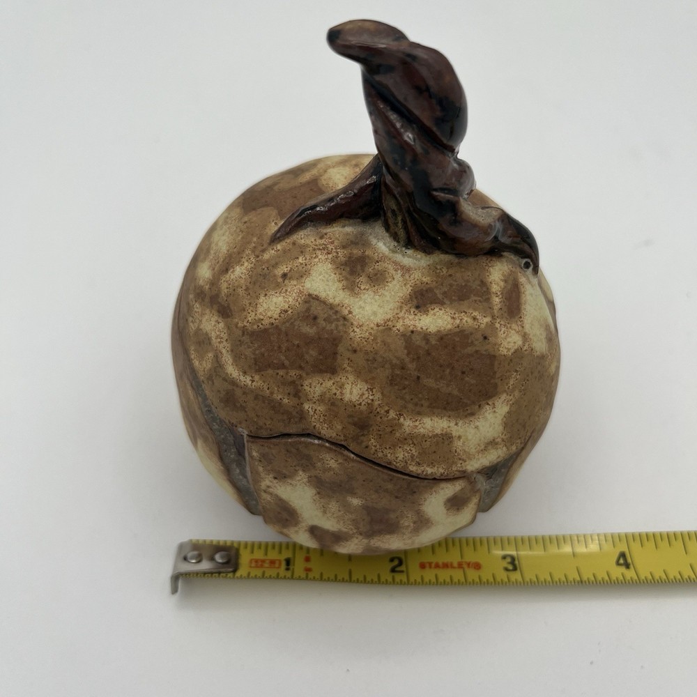 Stoneware Art Pottery Pumpkin Squash Lidded Dish Signed Sue Beige Brown 4” EUC