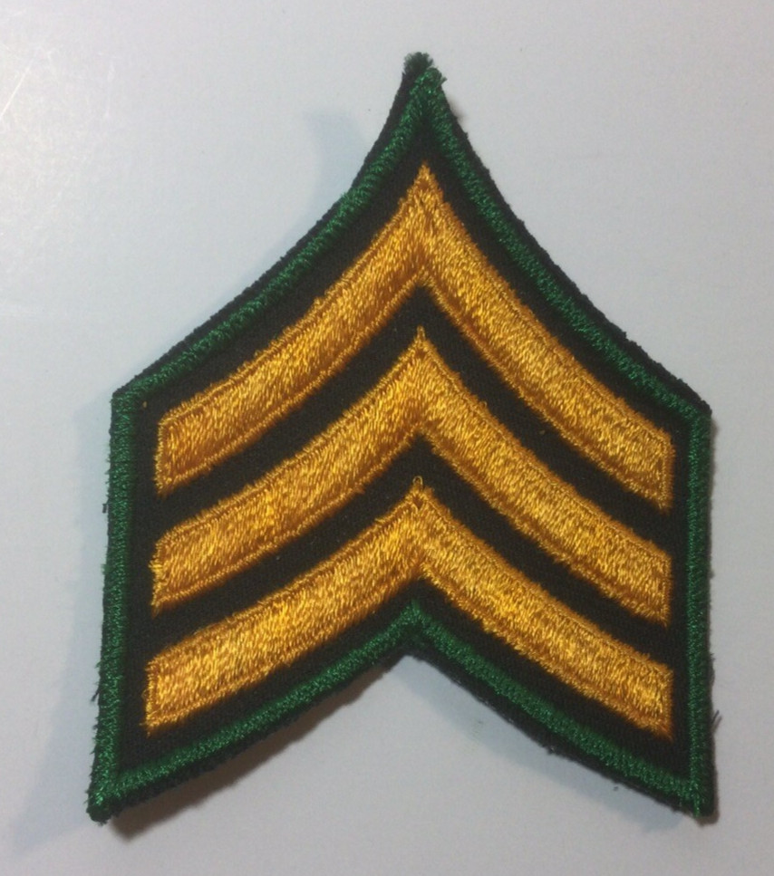 (2) Sergeant Chevron - 3 GOLD Stripes On BLACK Patch (Forest Green Border) OLD