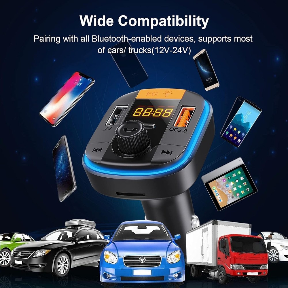 Versatile Bluetooth FM Transmitter with Fast Charge & Real-Time Voltage Display