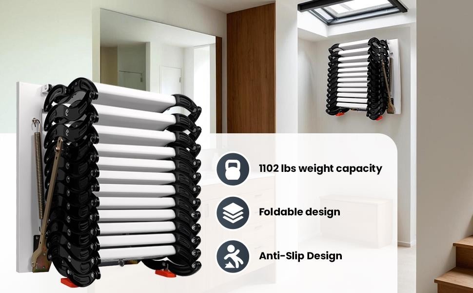 12-Step 1102LBS Al-Mg Alloy Attic Larrer 10FT Wall Mounted Pull Down System