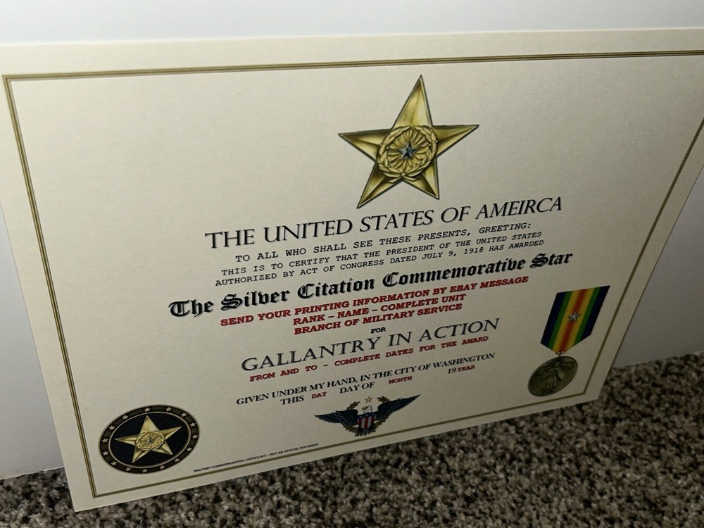 WW1 - SILVER CITATION COMMEMORATIVE CERTIFICATE ~ CUSTOM PRINTING T-1