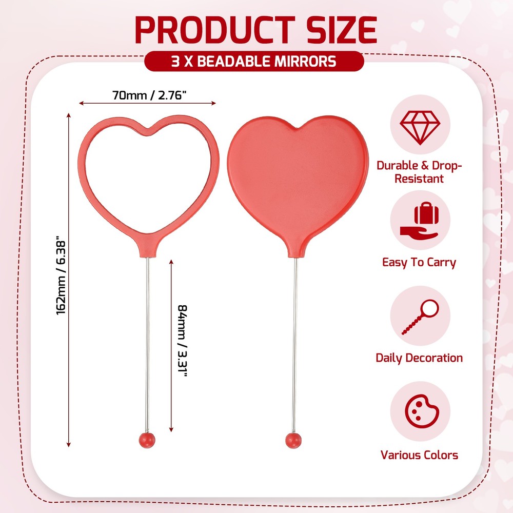 3 Pcs Beadable Mirrors with Handle 6.4" Heart Shape Bead Mirror Bars Bright Red