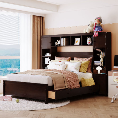 Solid Wood Platform Bed Frames with Storage Drawers All-in-One Cabinet and Shelf