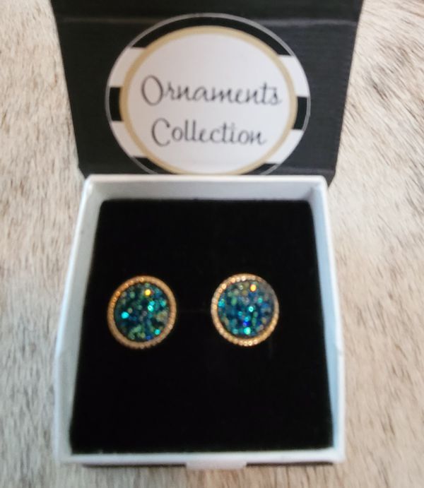 Blue Druzy Earrings Post Back Gold Framed Round NEW