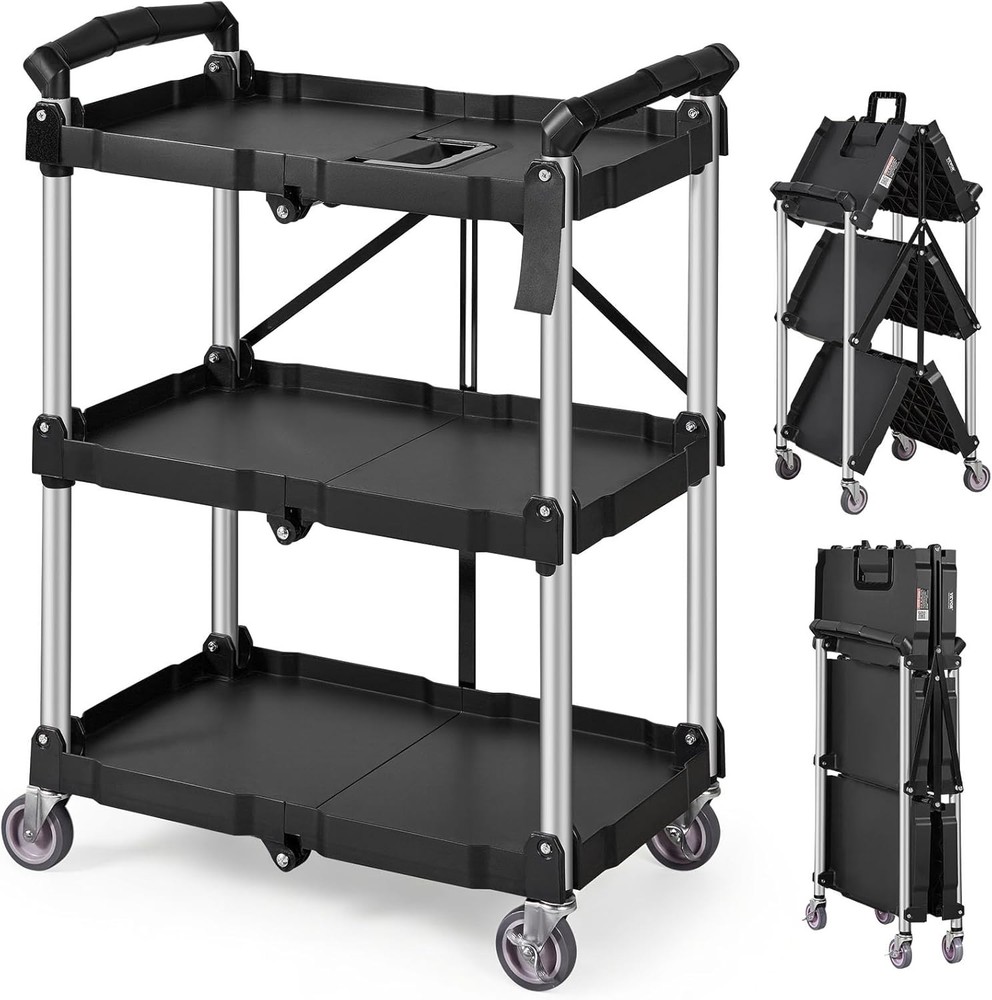 3 Shelf Folding Utility Cart 165LBS Plastic Rolling