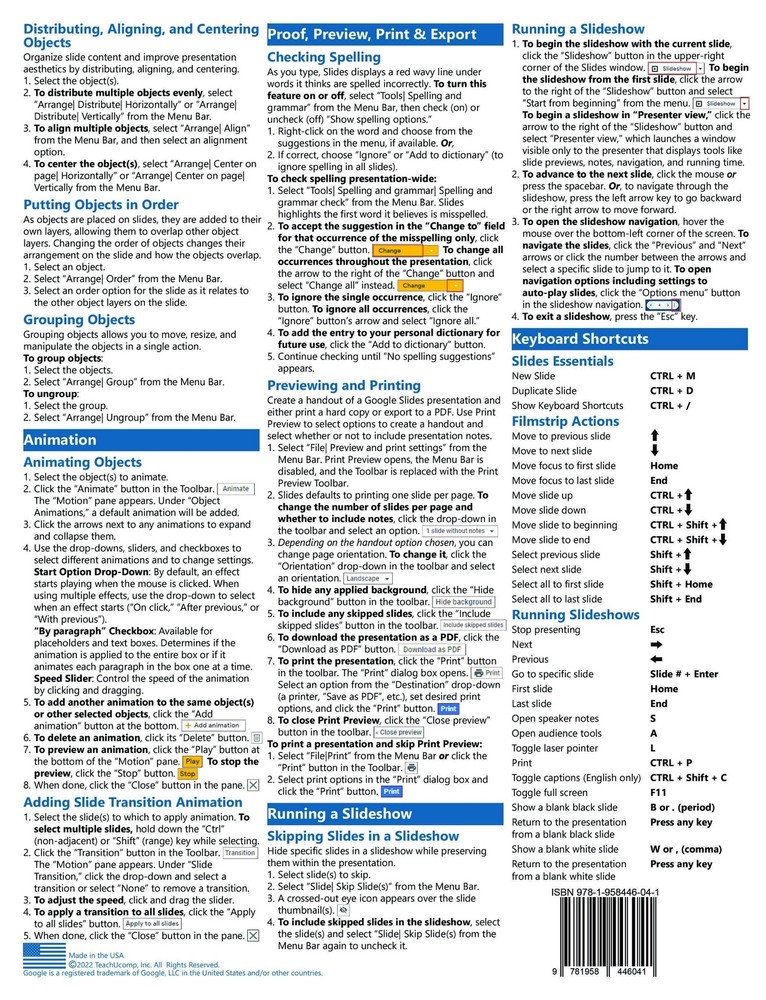 Google Slides Training Guide Quick Reference Card 4 Page Cheat Sheet Instruction
