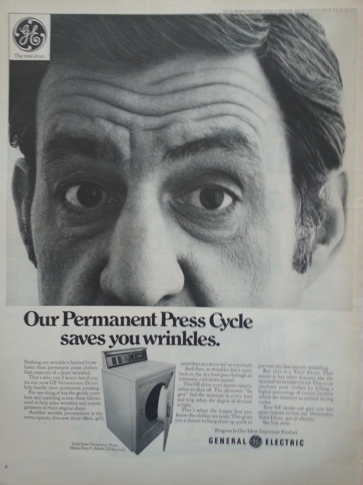 Vintage GE General Electric Permanent Press Cycle Mans Face Original Ad