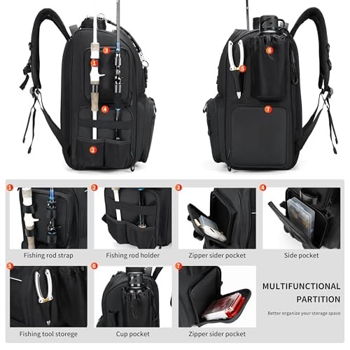 Fishing Tackle Backpack Standard size include 4 tackle boxes 1600D nylon Black