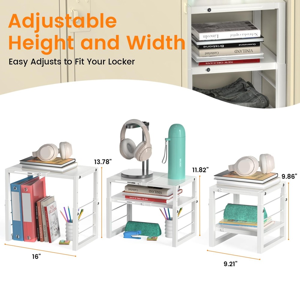 White Metal Locker Organizer Shelf - Adjustable Width/Height, Durable School/Gym