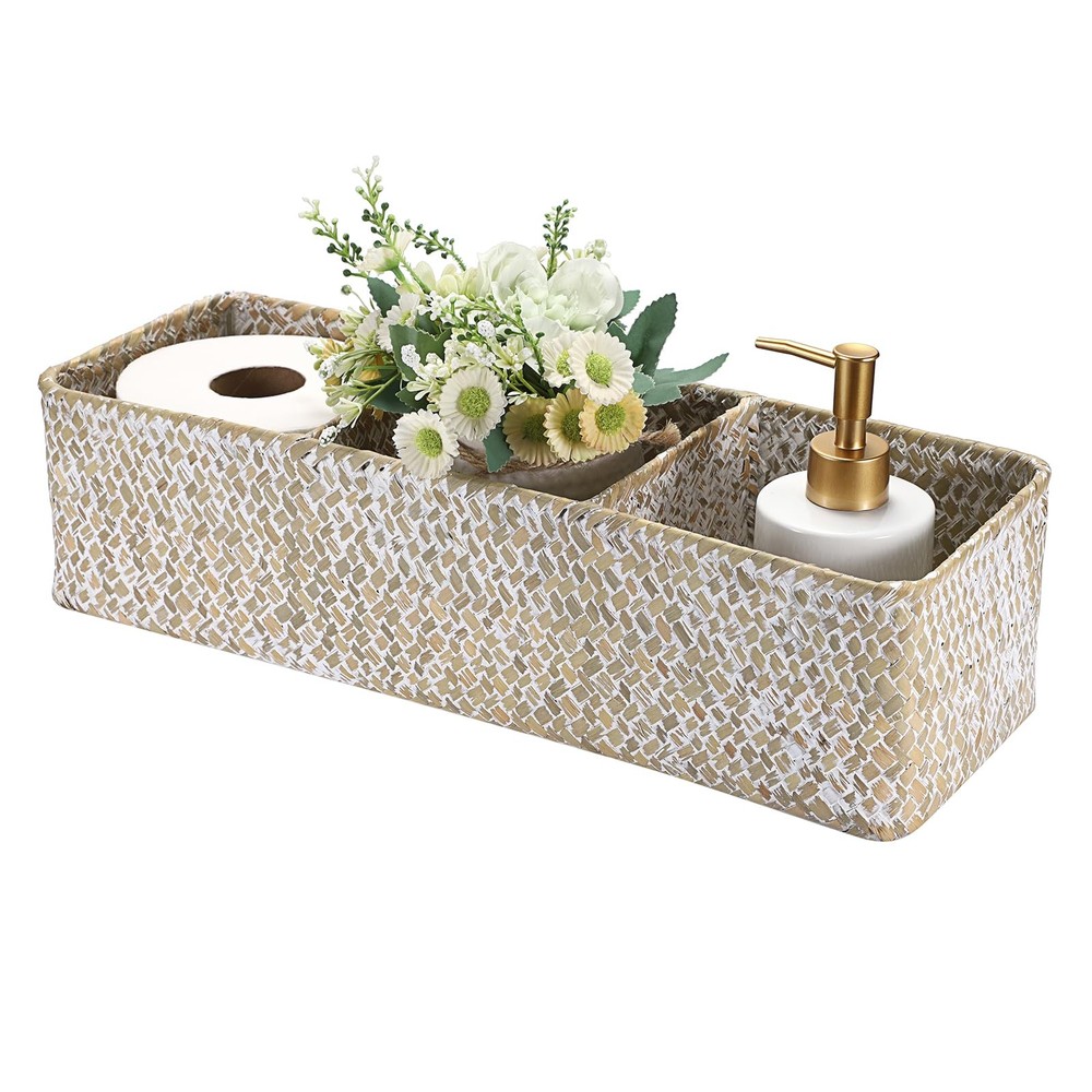 Hoowen Seagrass Shelf Basket with Dividers, Rectangular Woven Storage Baskets...
