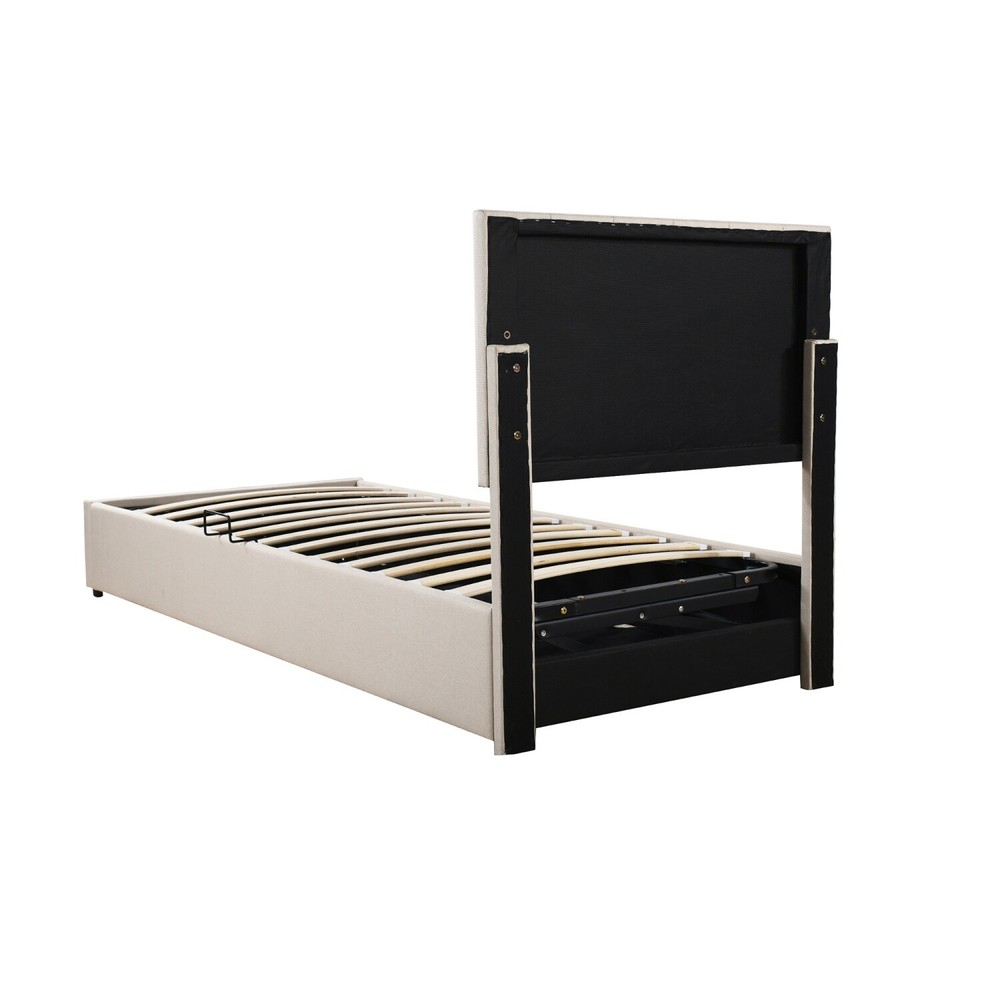 Twin Size Linen Upholstered Platform Bed w/ Hydraulic Storage System Beige