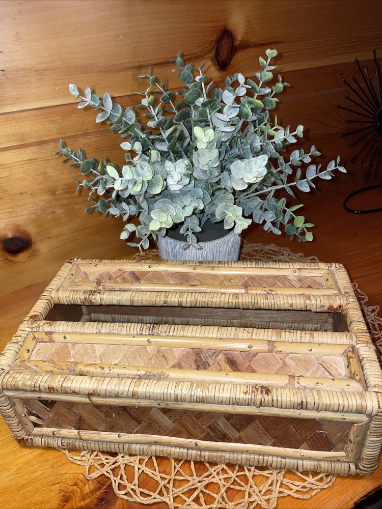 Vintage Tissue Box Cover Holder Bamboo Rattan Wicker Coastal Boho Rectangular