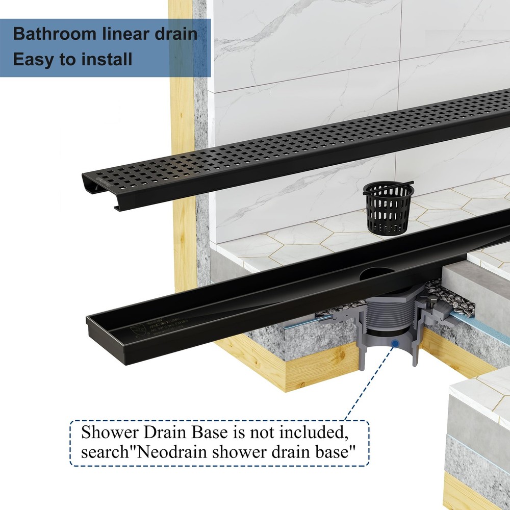 Neodrain 18-Inch Black Linear Shower Drain with Removable Quadrato Pattern Gr...