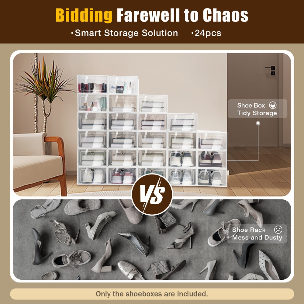 24Pcs Shoe Storage Box Clear Plastic Shoes Case Stackable Organizer Display