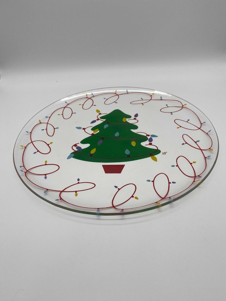 Glass Christmas Tree & Lights Round 13" Platter